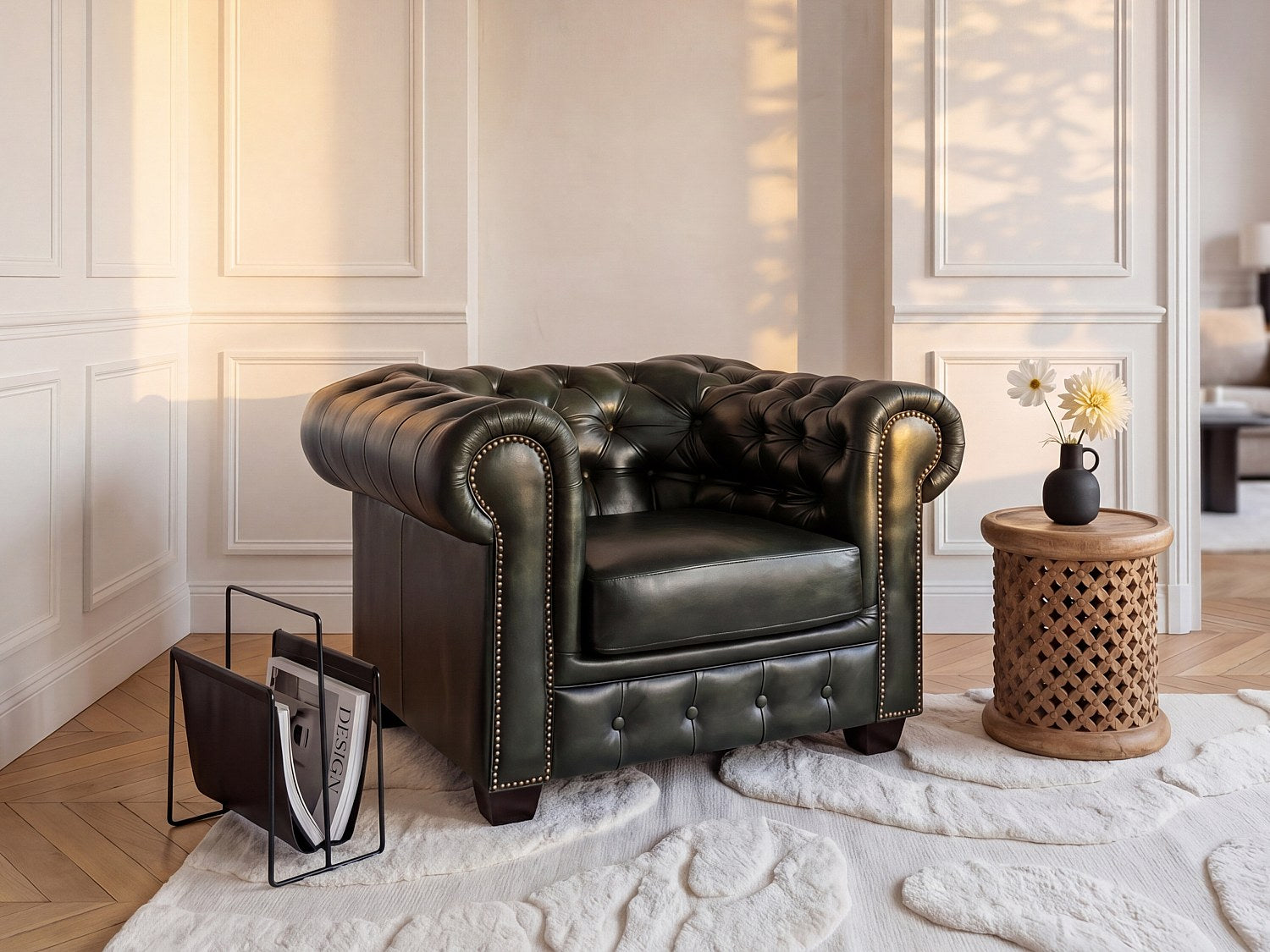 Fauteuil Chesterfield vert cuir - Brenton