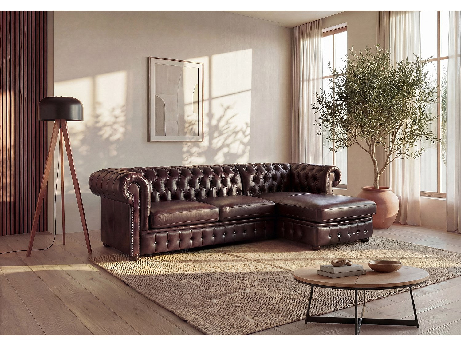 Canapé Chesterfield angle marron cuir - Brenton