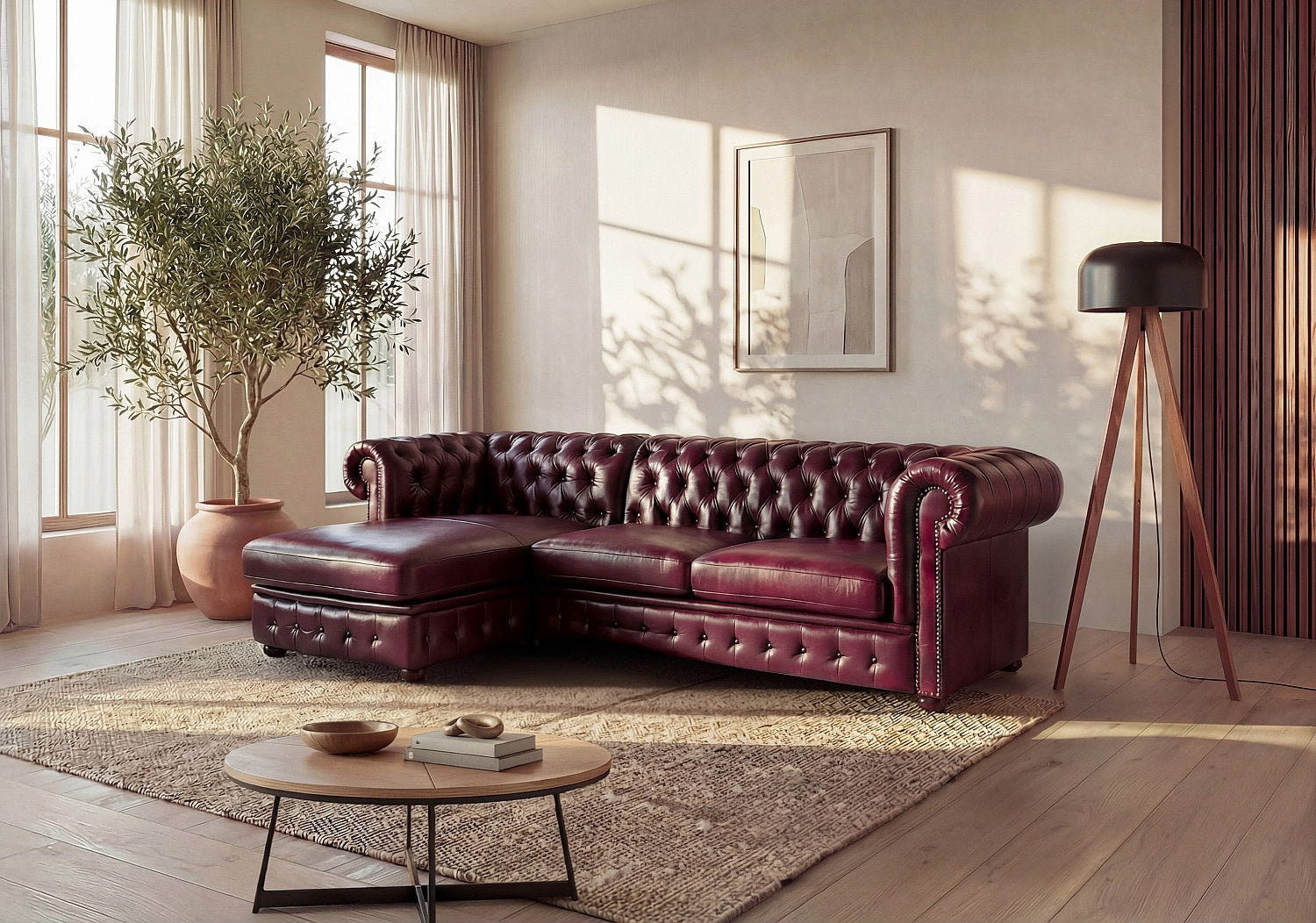 Canapé Chesterfield angle rouge cuir - Brenton