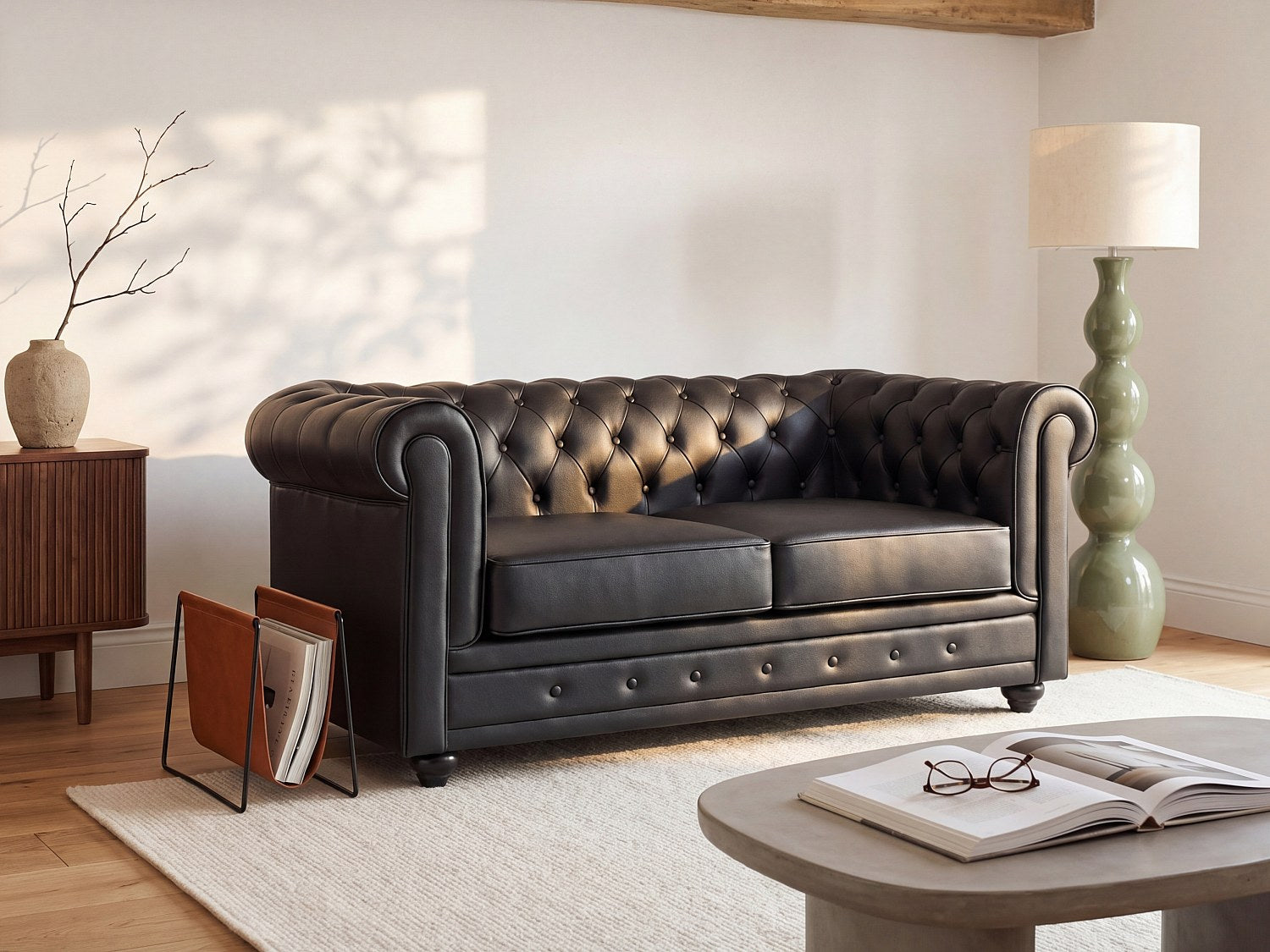 Canapé Chesterfield droit 2 places noir cuir