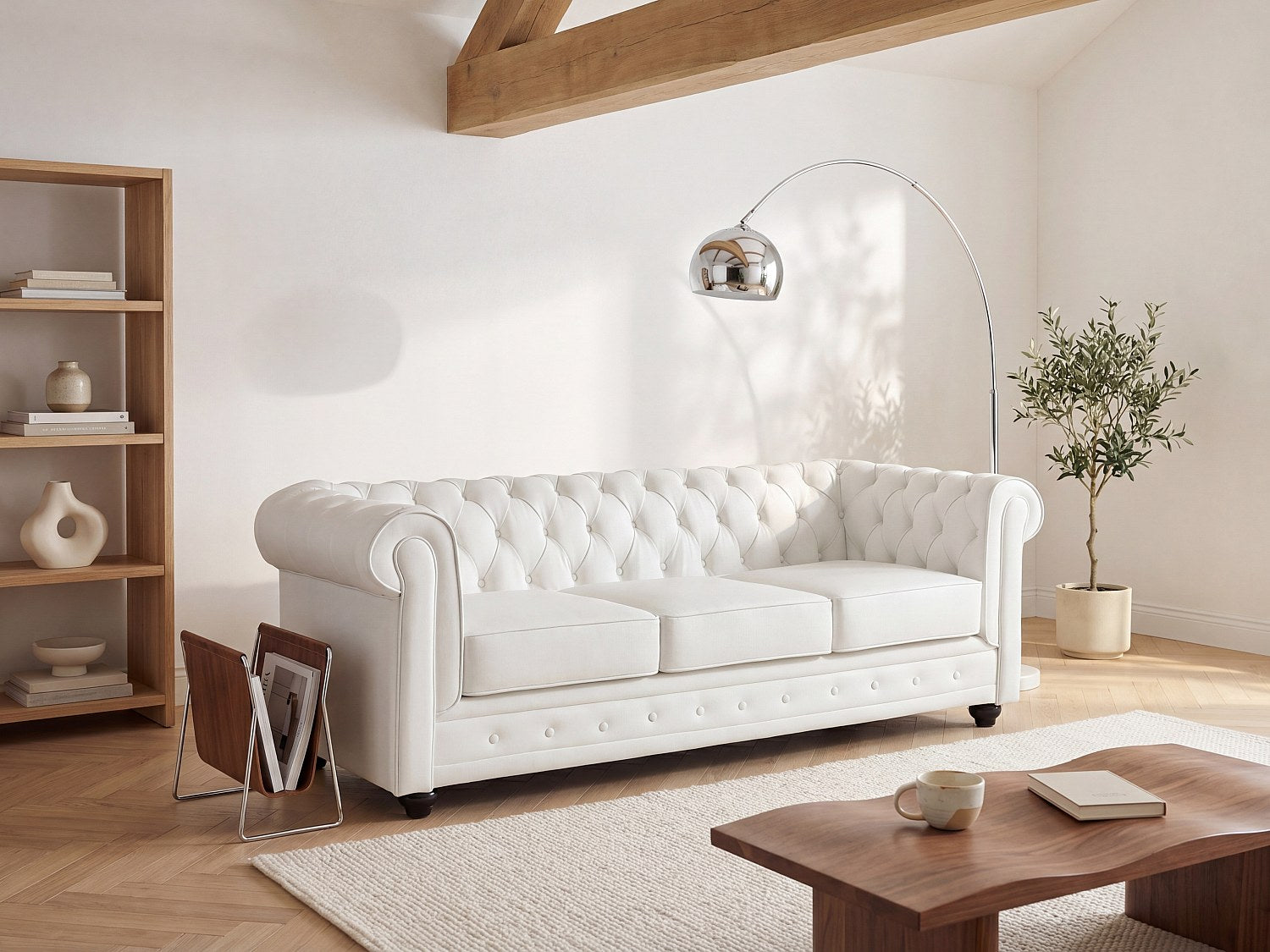 Canapé Chesterfield droit 2 places blanc cuir
