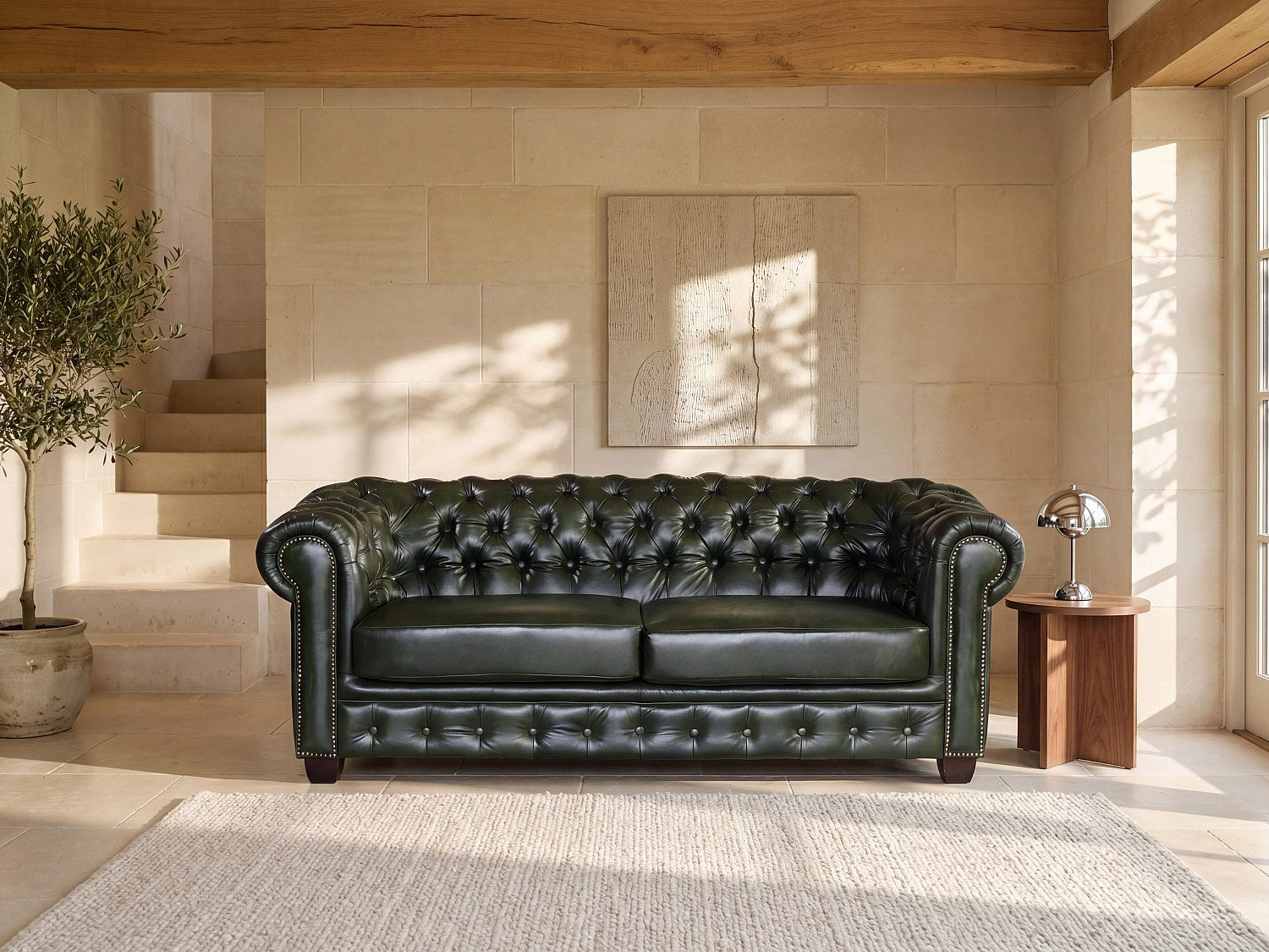 Canapé Chesterfield droit 3 places vert cuir - Brenton
