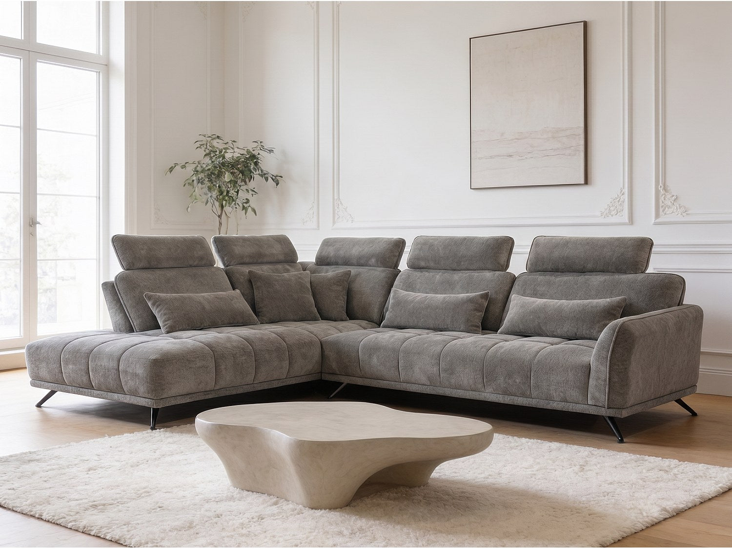 Canapé Chesterfield angle 4 places gris tissu - Napoli