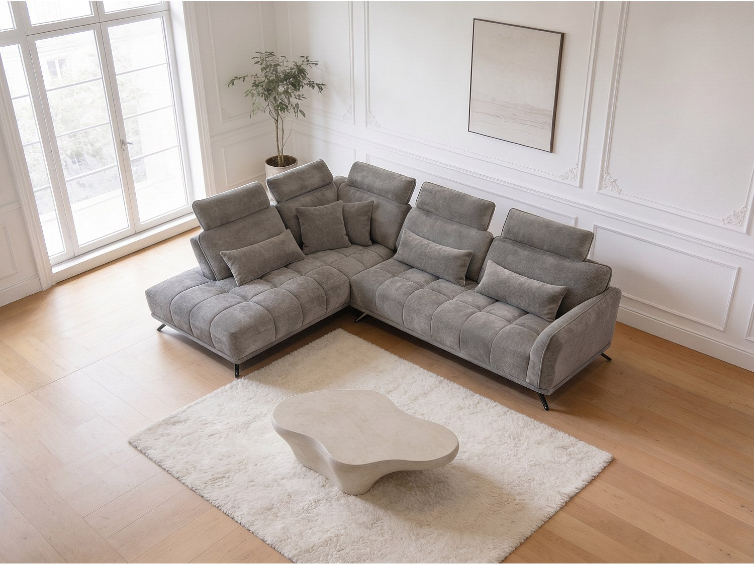 Canapé Chesterfield angle 4 places gris tissu - Napoli