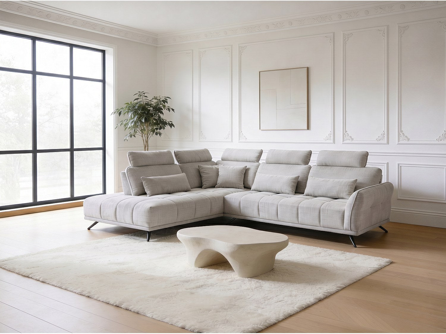 Canapé Chesterfield angle 4 places beige tissu - Napoli