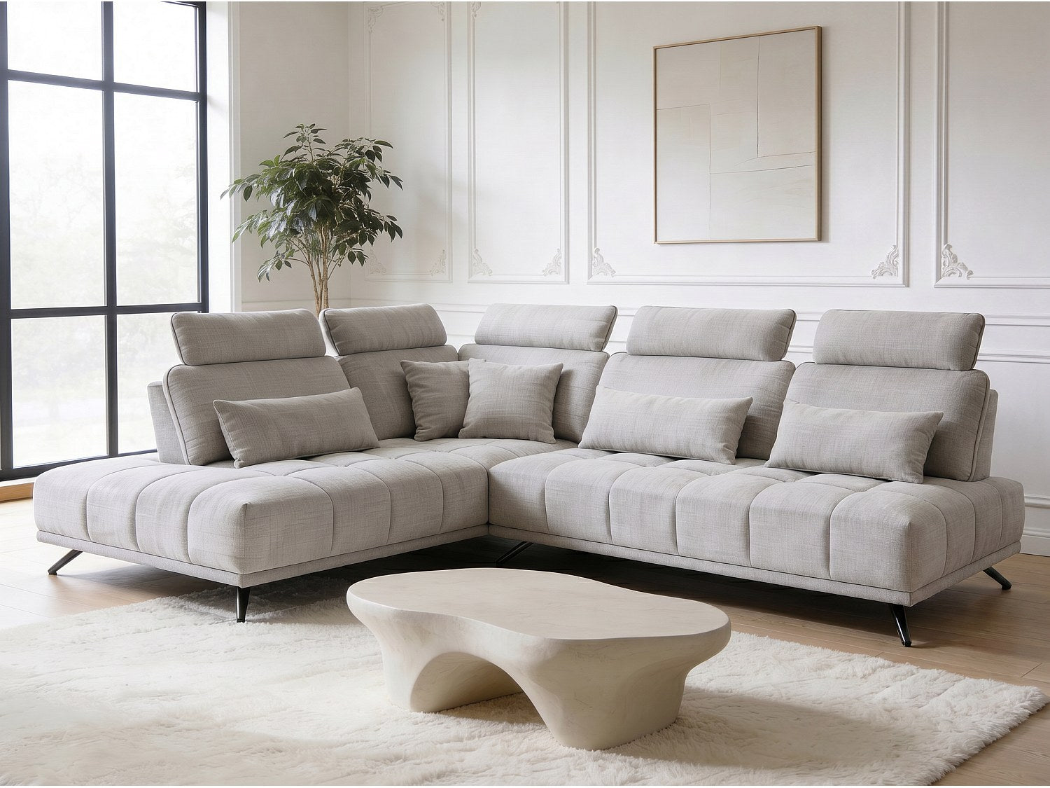 Canapé Chesterfield angle 4 places beige tissu - Napoli