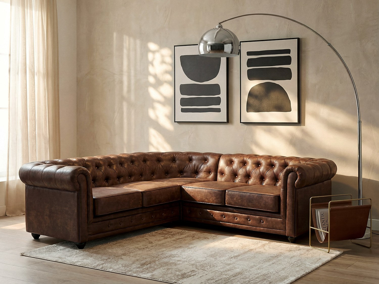 Canapé Chesterfield angle marron tissu