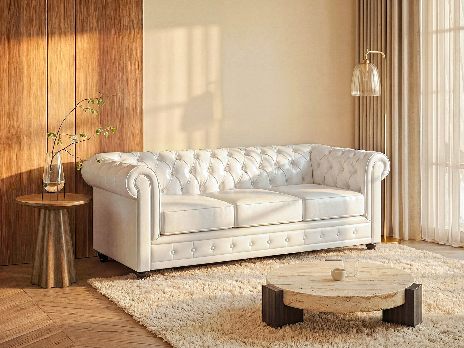 Canapé Chesterfield droit 3 places blanc simili cuir
