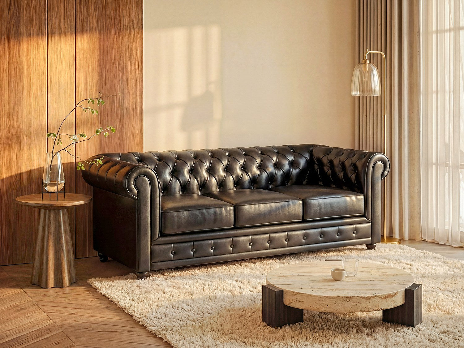 Canapé Chesterfield droit 3 places noir simili cuir