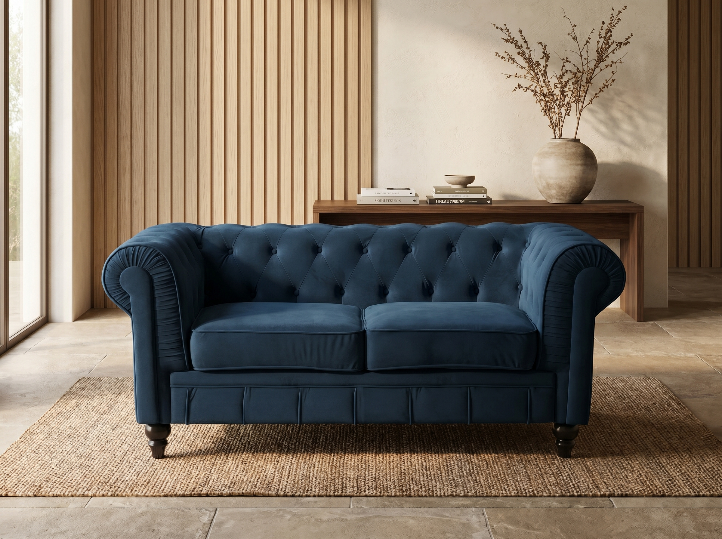 Canapé Chesterfield 2 Places Velours Bleu Nuit - Altesse