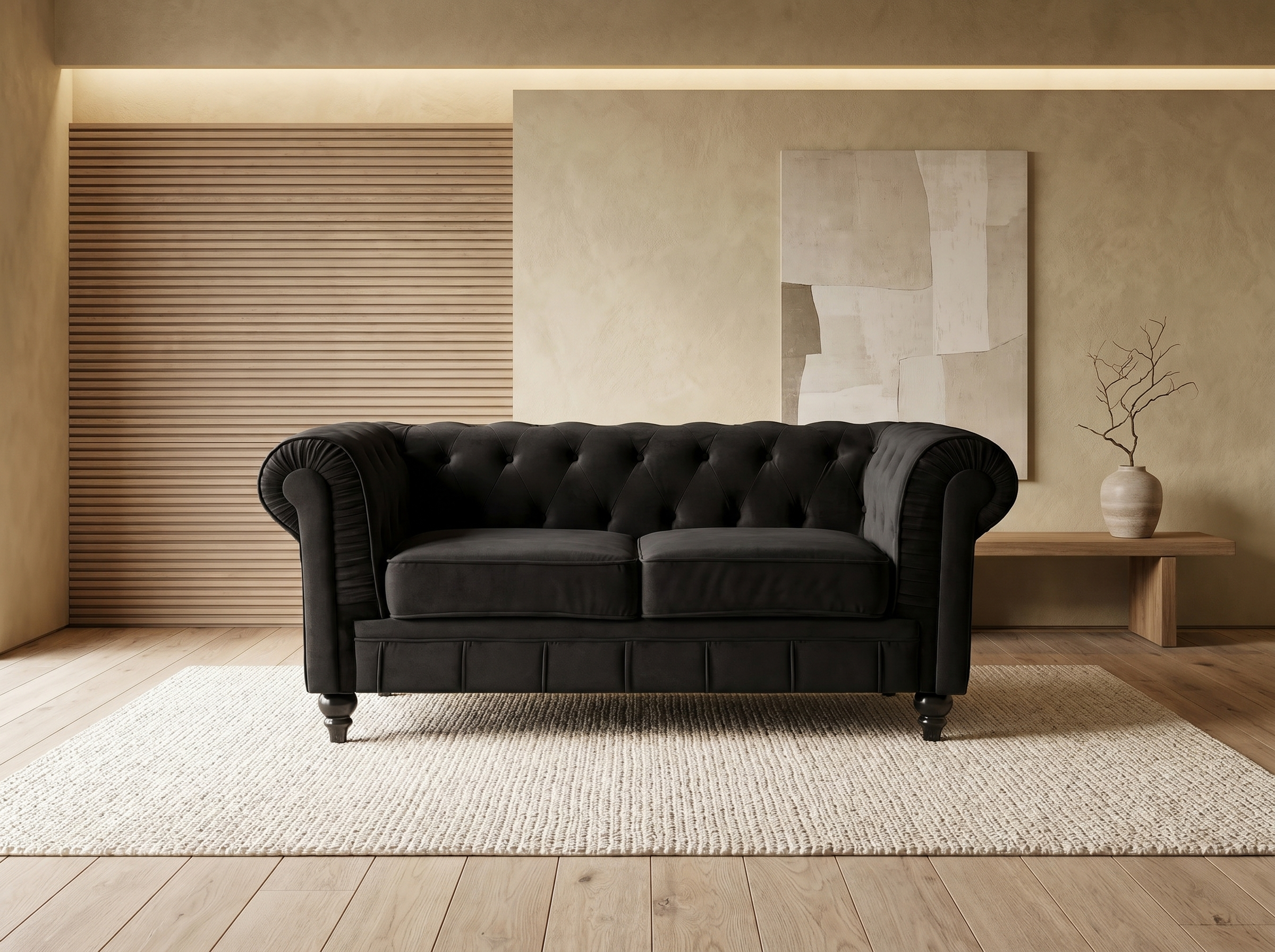 Canapé Chesterfield 2 Places Velours Noir - Altesse
