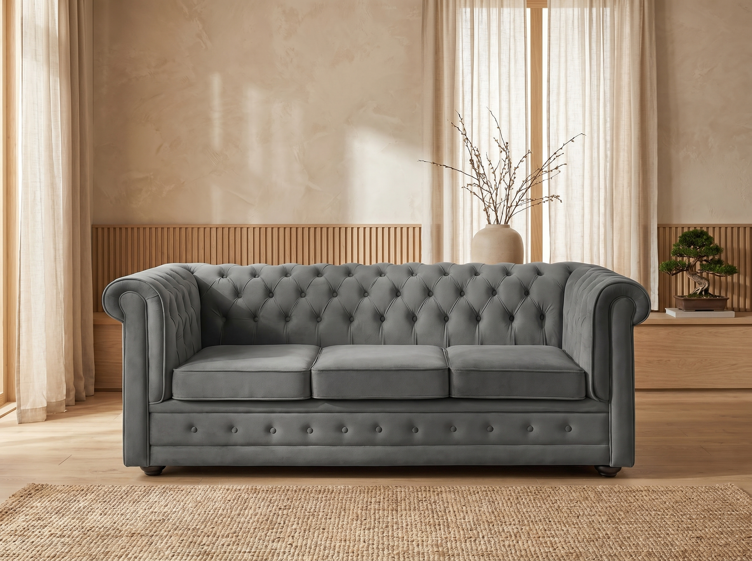 Canapé Chesterfield Convertible 3 Places Velours Anthracite