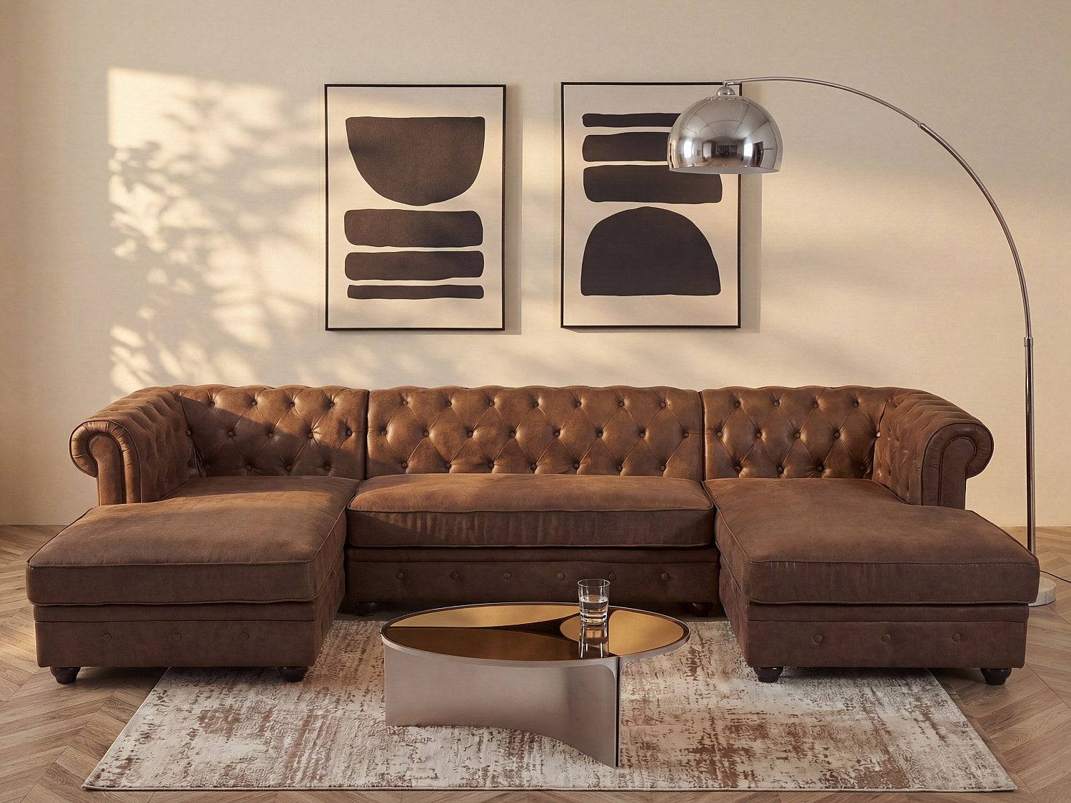 Canapé Chesterfield panoramique marron tissu