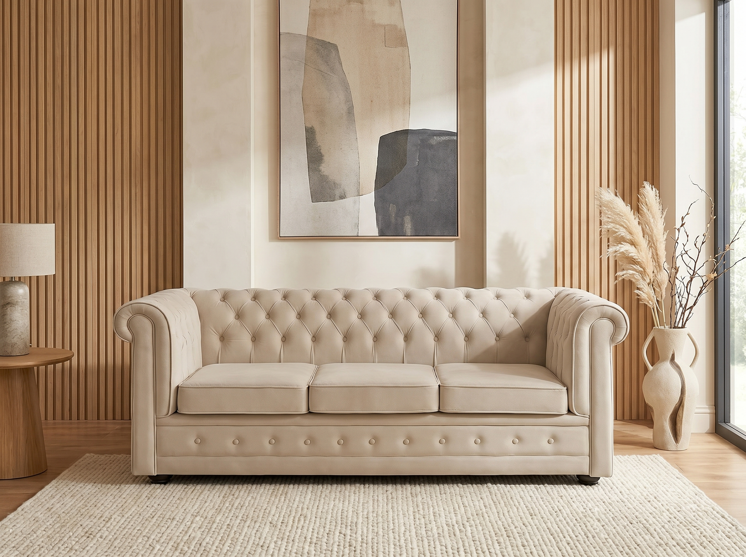 Canapé Chesterfield convertible 3 places velours beige