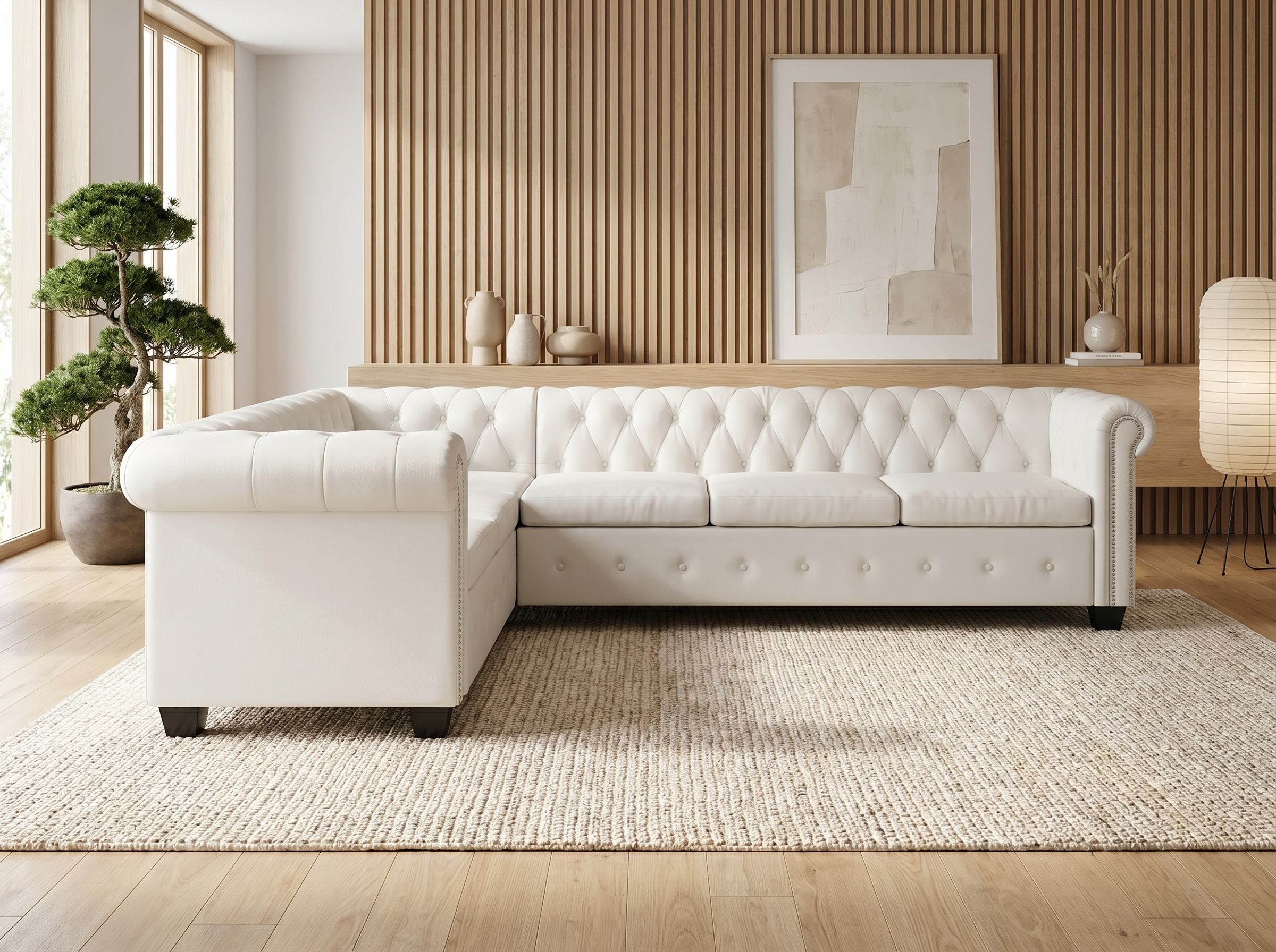 Canapé Chesterfield d'Angle 6 Places Blanc Cimili Cuir