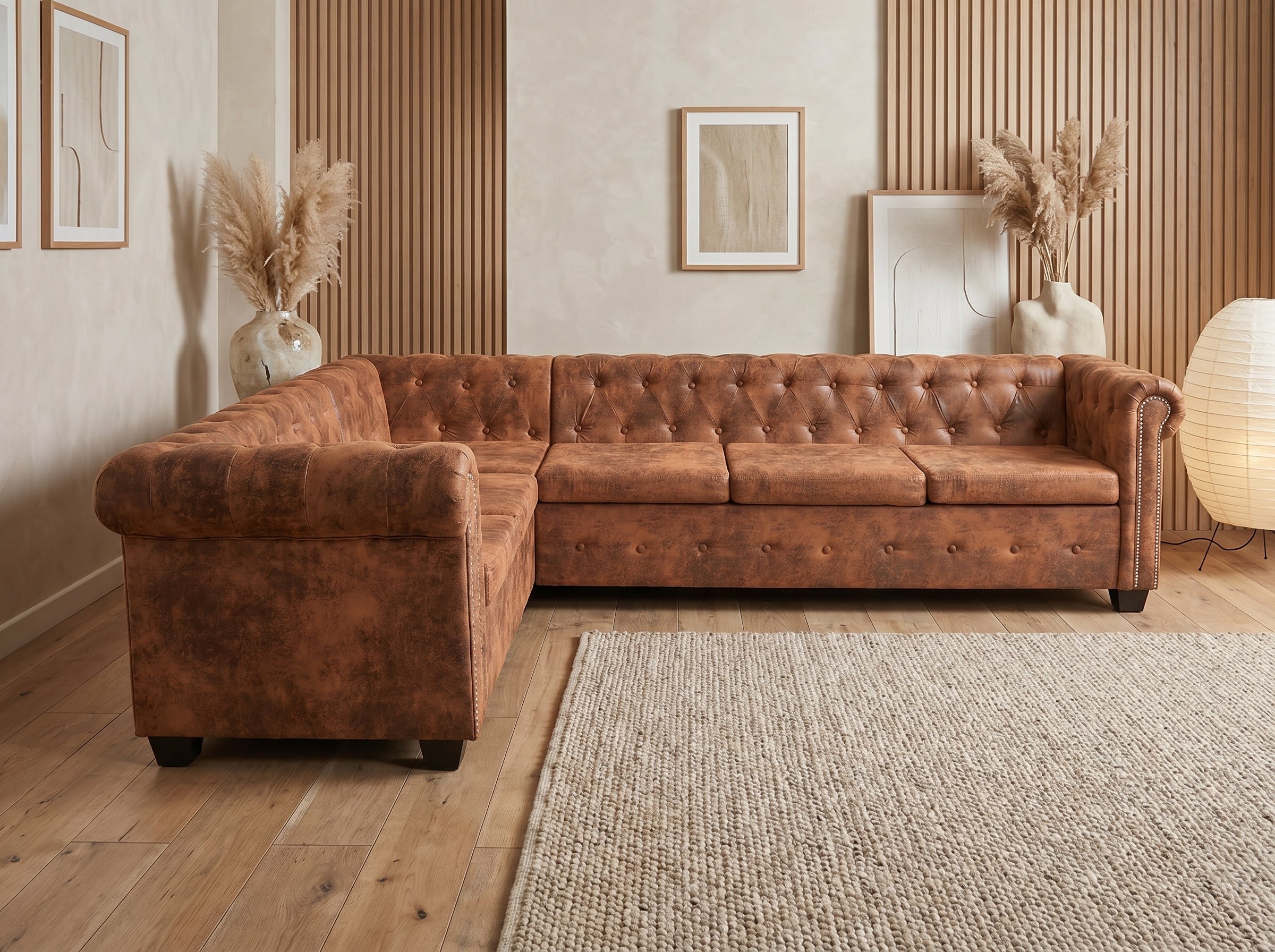 Canapé Chesterfield d'Angle 6 Places Simili Cuir Vieilli Marron