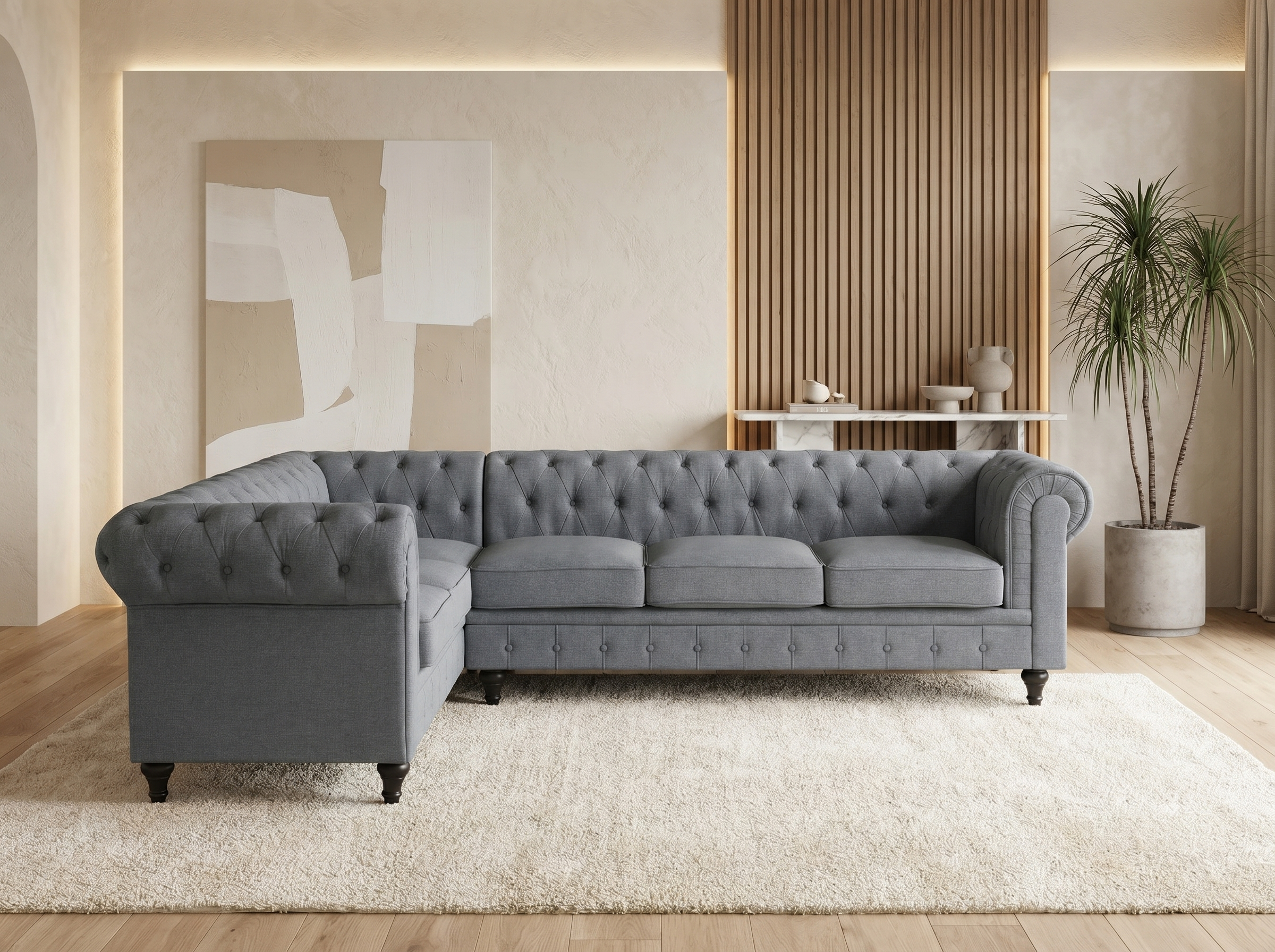 Canapé Chesterfield d'Angle 6 Places Tissu Gris