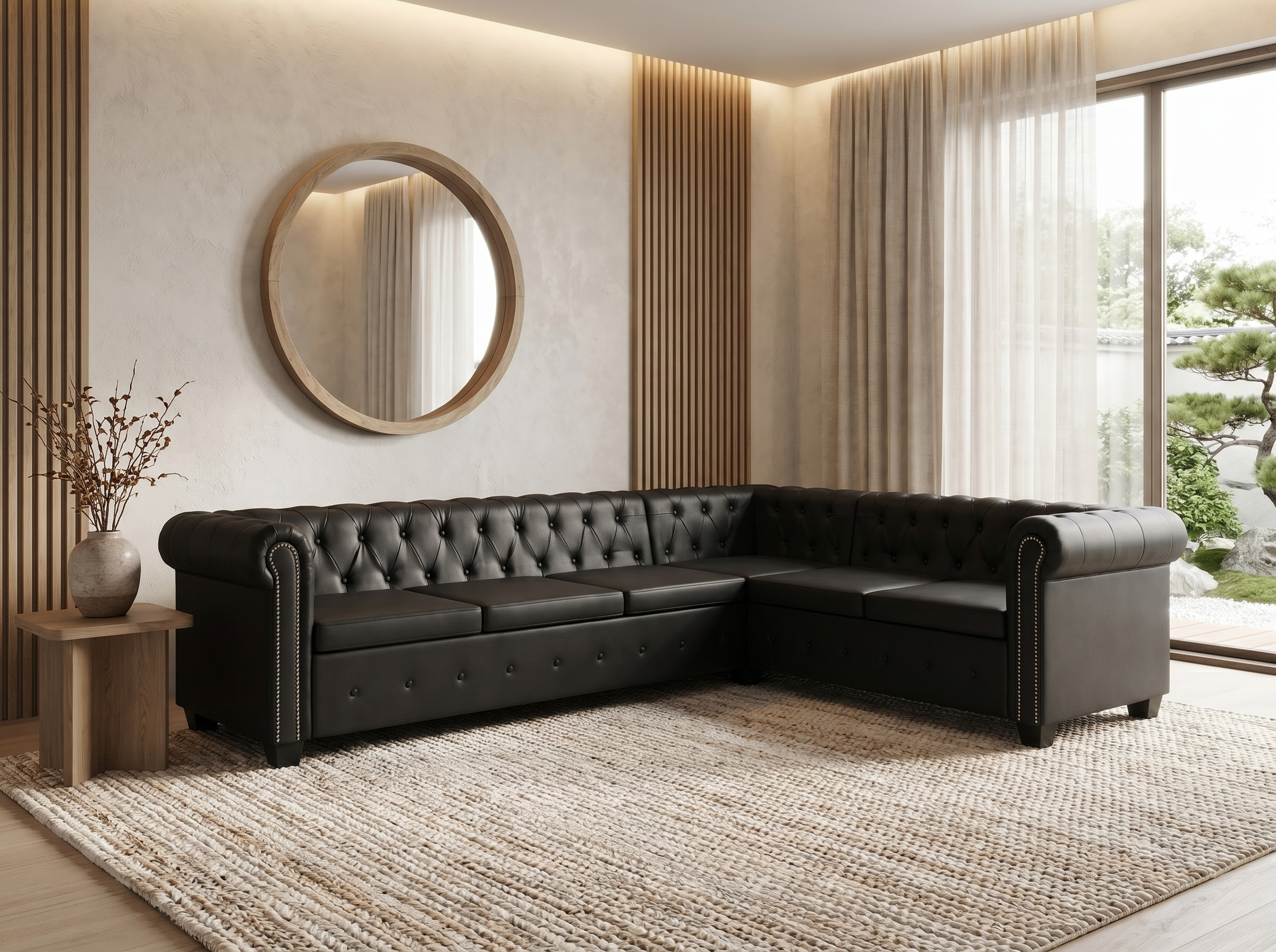 Canapé Chesterfield d'Angle 6 places Simili Cuir Noir 