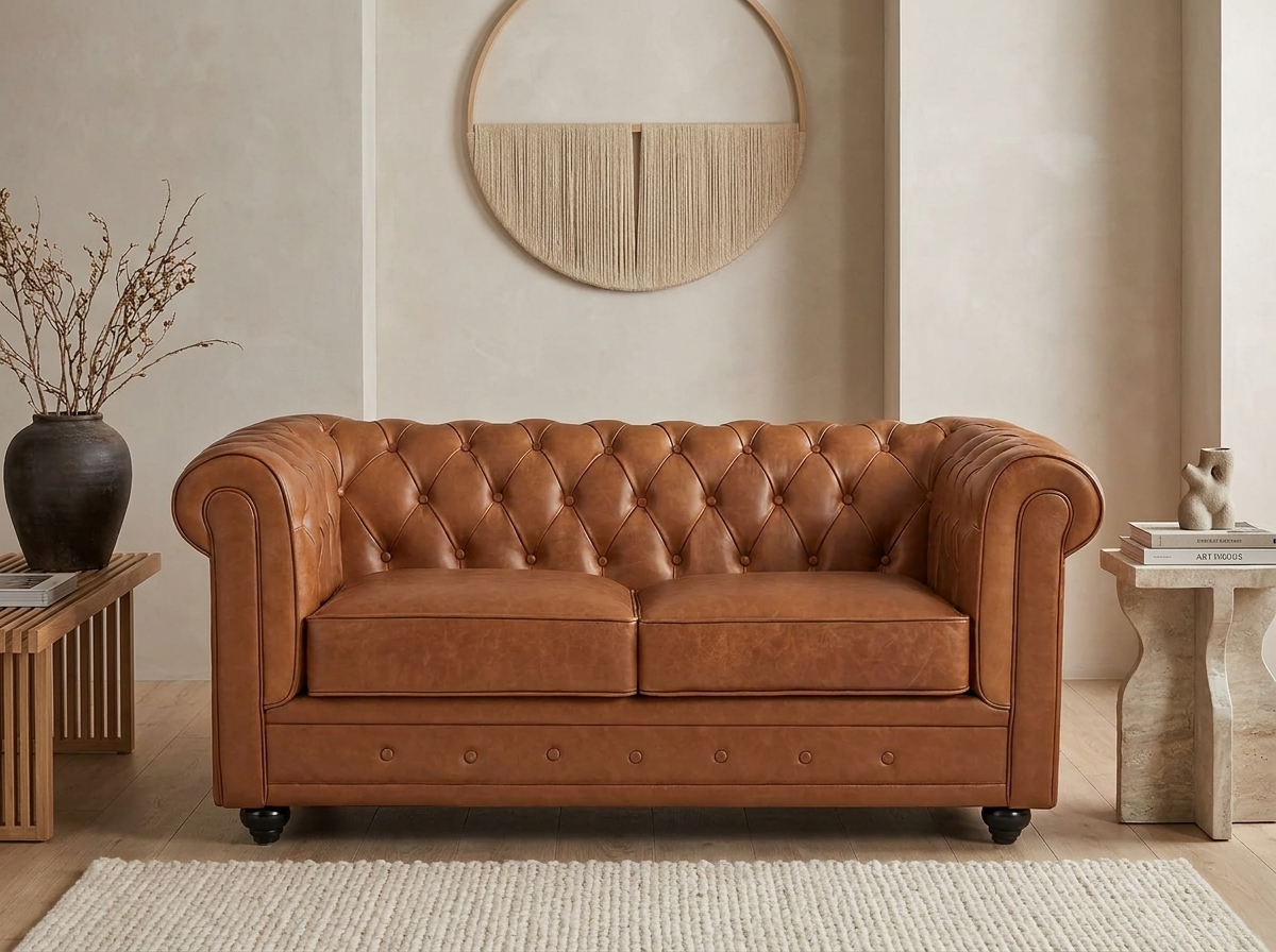 Canapé Chesterfield 2 Places Cuir Camel