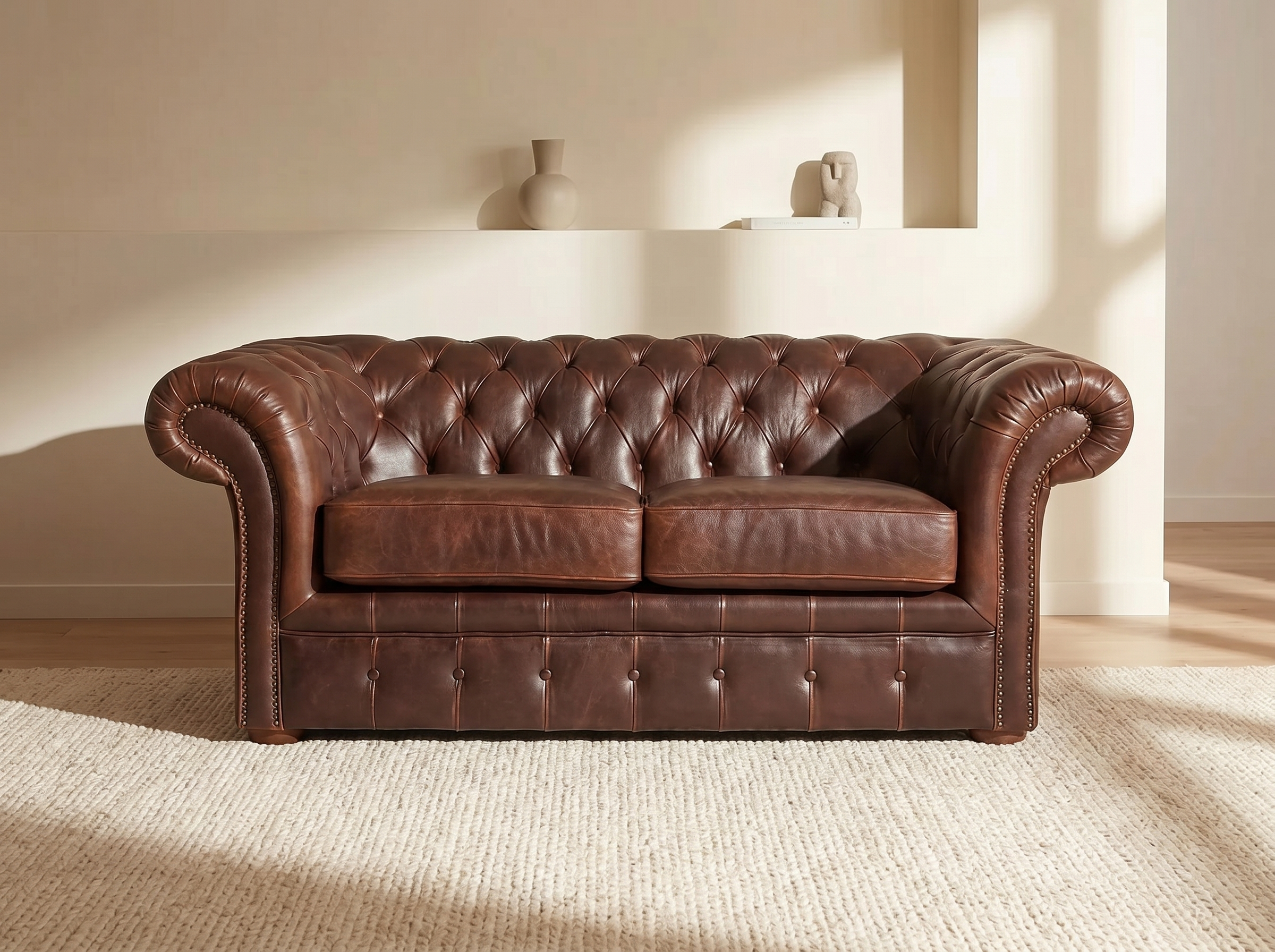 Canapé Chesterfield 2 Places Cuir Vieilli Marron Chocolat - Clotaire