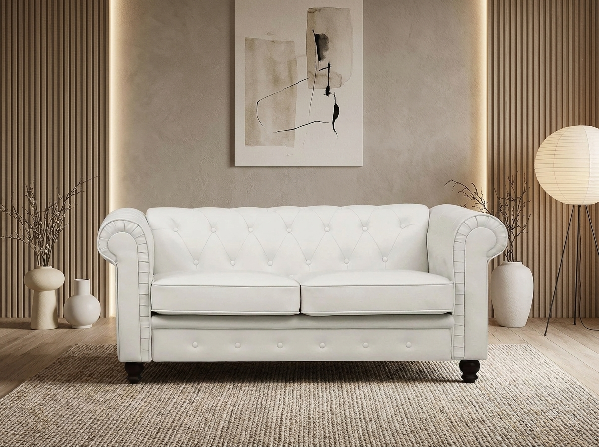 Canapé Chesterfield 2 Places Simili Cuir Blanc