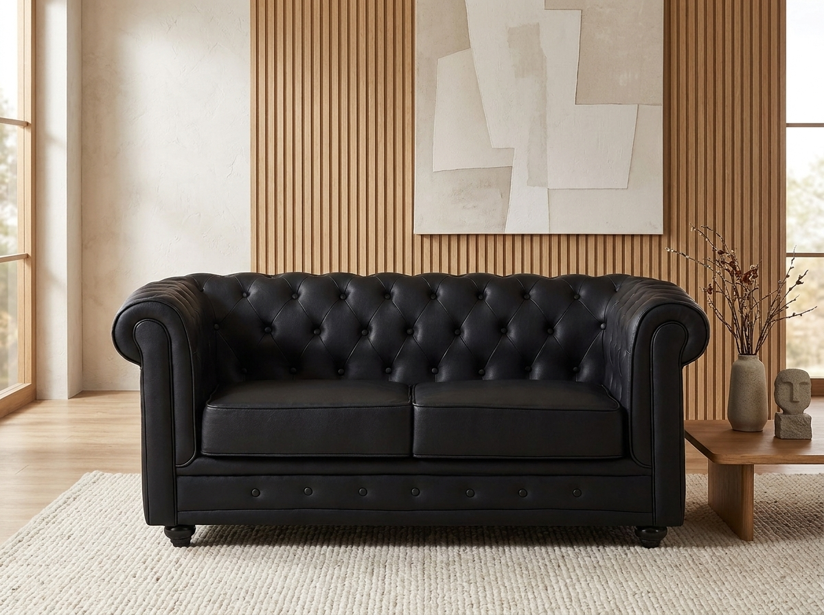 Canapé Chesterfield 2 Places Simili Cuir Noir