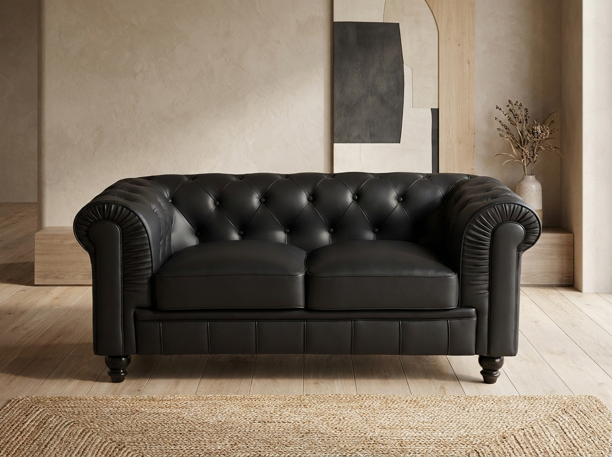 Canapé Chesterfield 2 Places Simili Cuir Noir - Regency