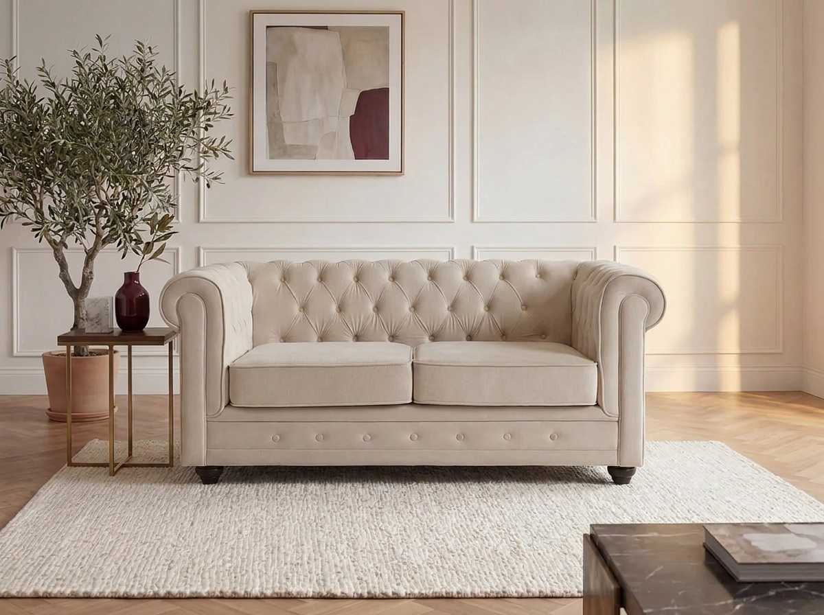 Canapé Chesterfield 2 Places Velours Beige