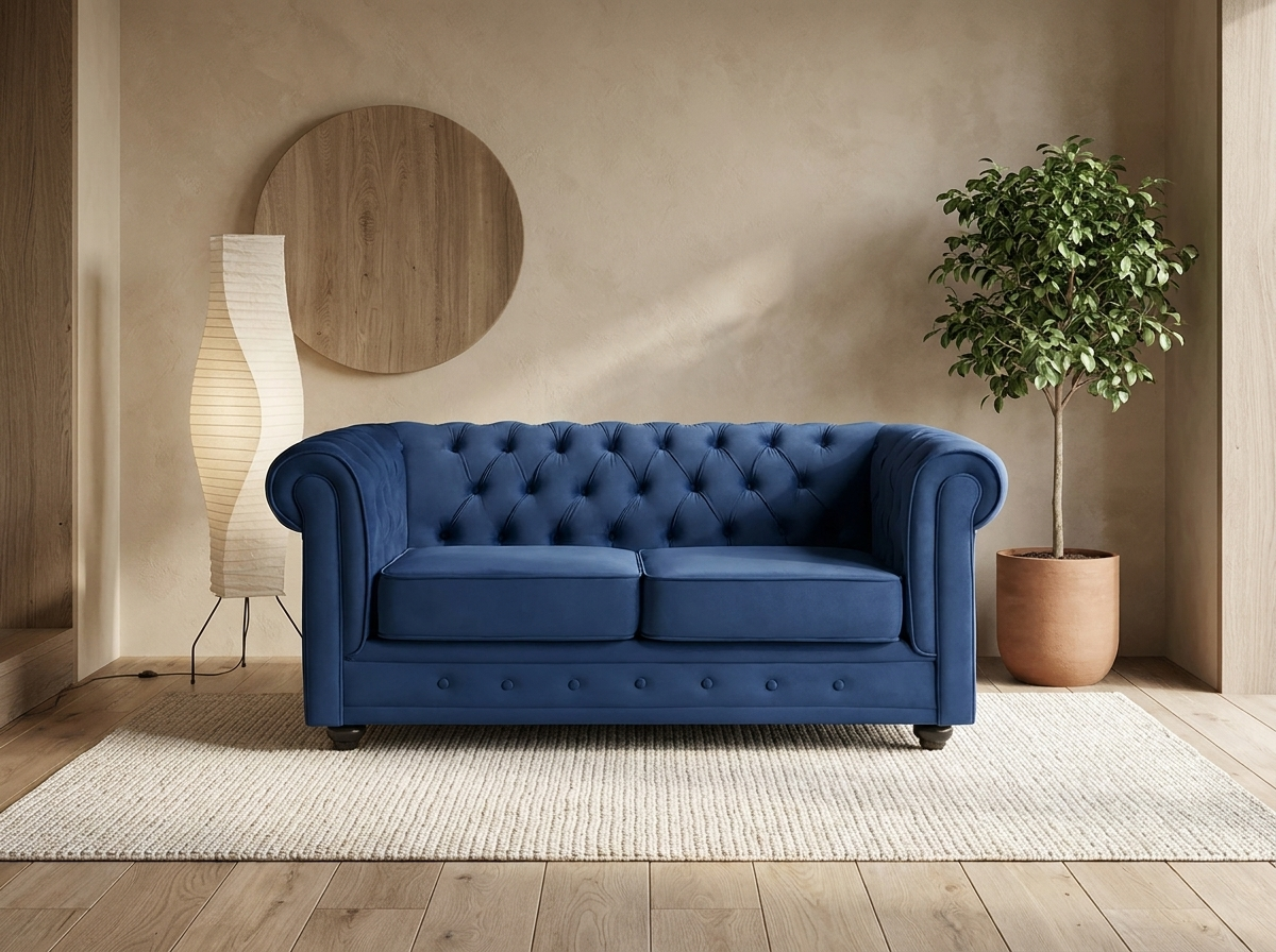 Canapé Chesterfield 2 Places Velours Bleu Roi