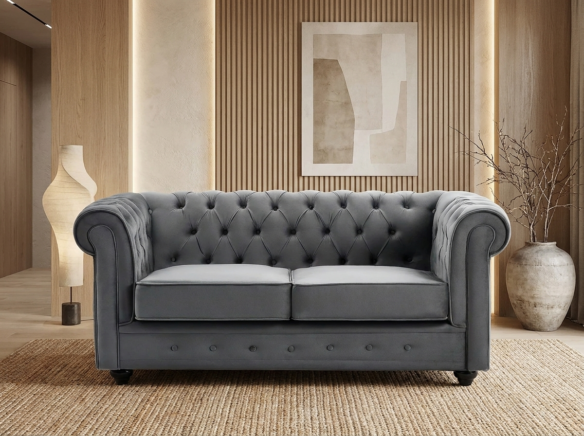 Canapé Chesterfield 2 Places Velours Gris Anthracite