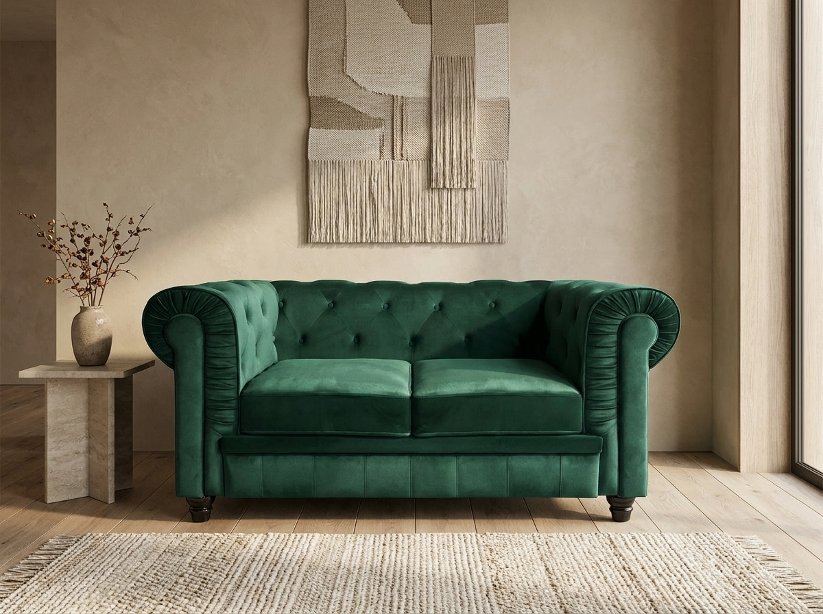 Canapé Chesterfield 2 Places Velours Vert