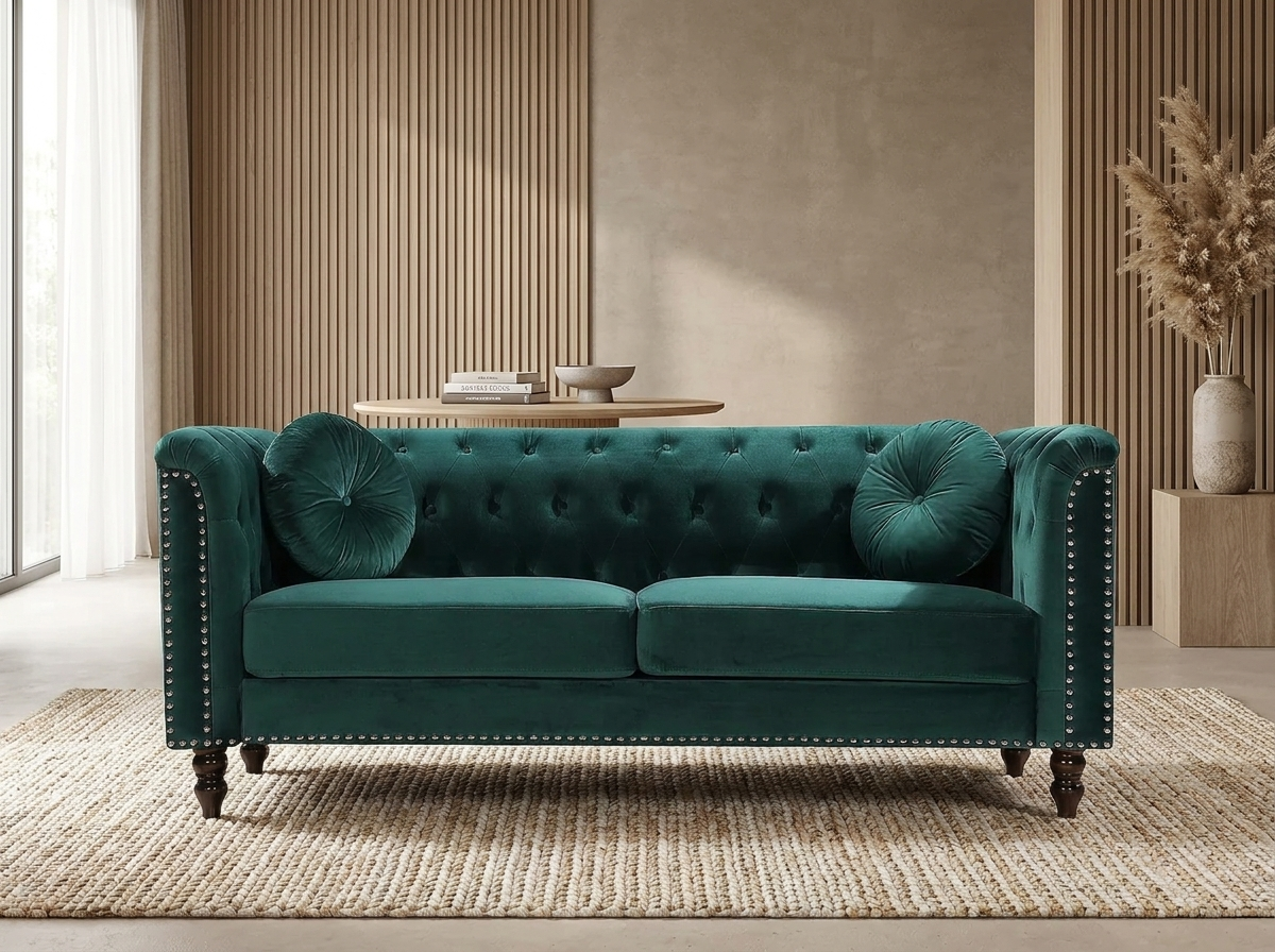 Canapé Chesterfield 2 Places Velours Vert Émeraude - Turner