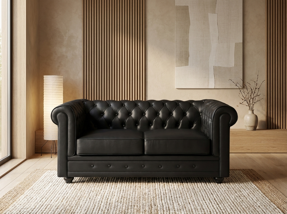 Canapé Chesterfield 2 Places Cuir Noir