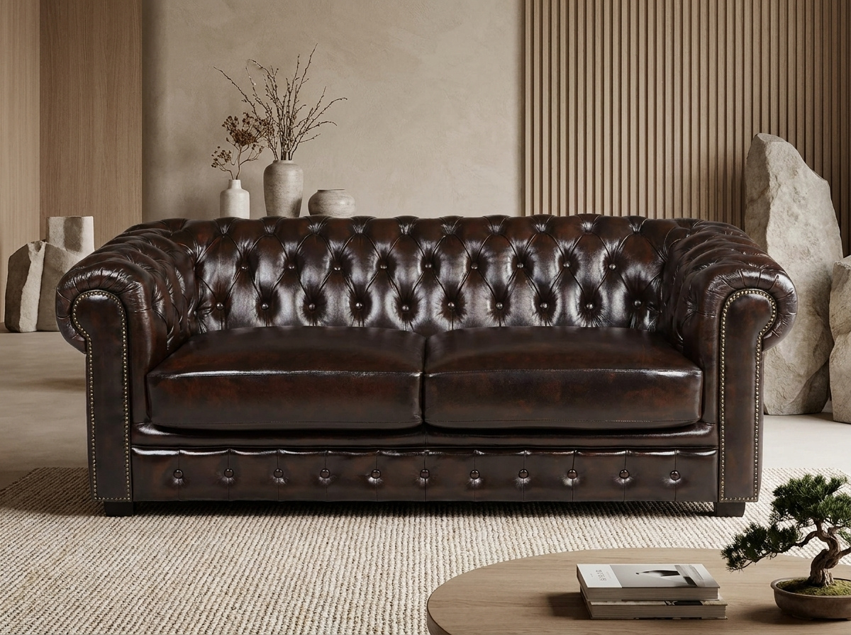 Canapé Chesterfield 3 Places Cuir Marron Chocolat - Brenton