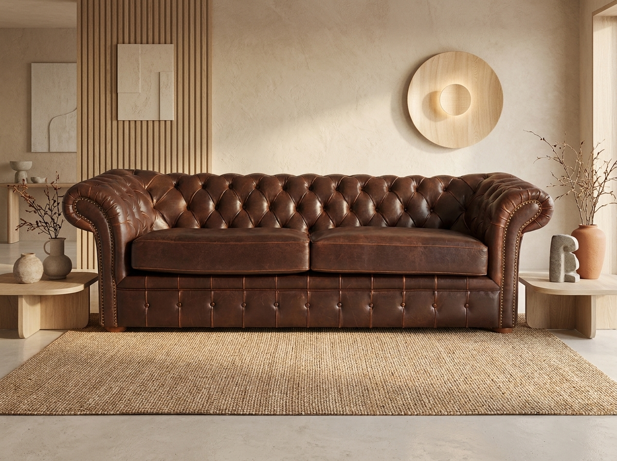 Canapé Chesterfield 3 Places Cuir Vieilli Marron Chocolat - Clotaire