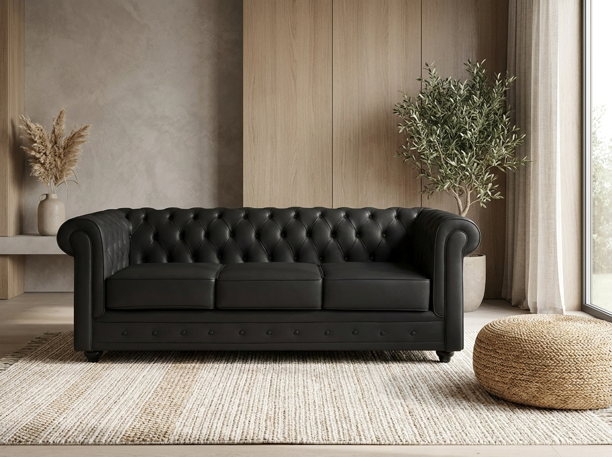 Canapé Chesterfield 3 Places Simili Cuir Noir