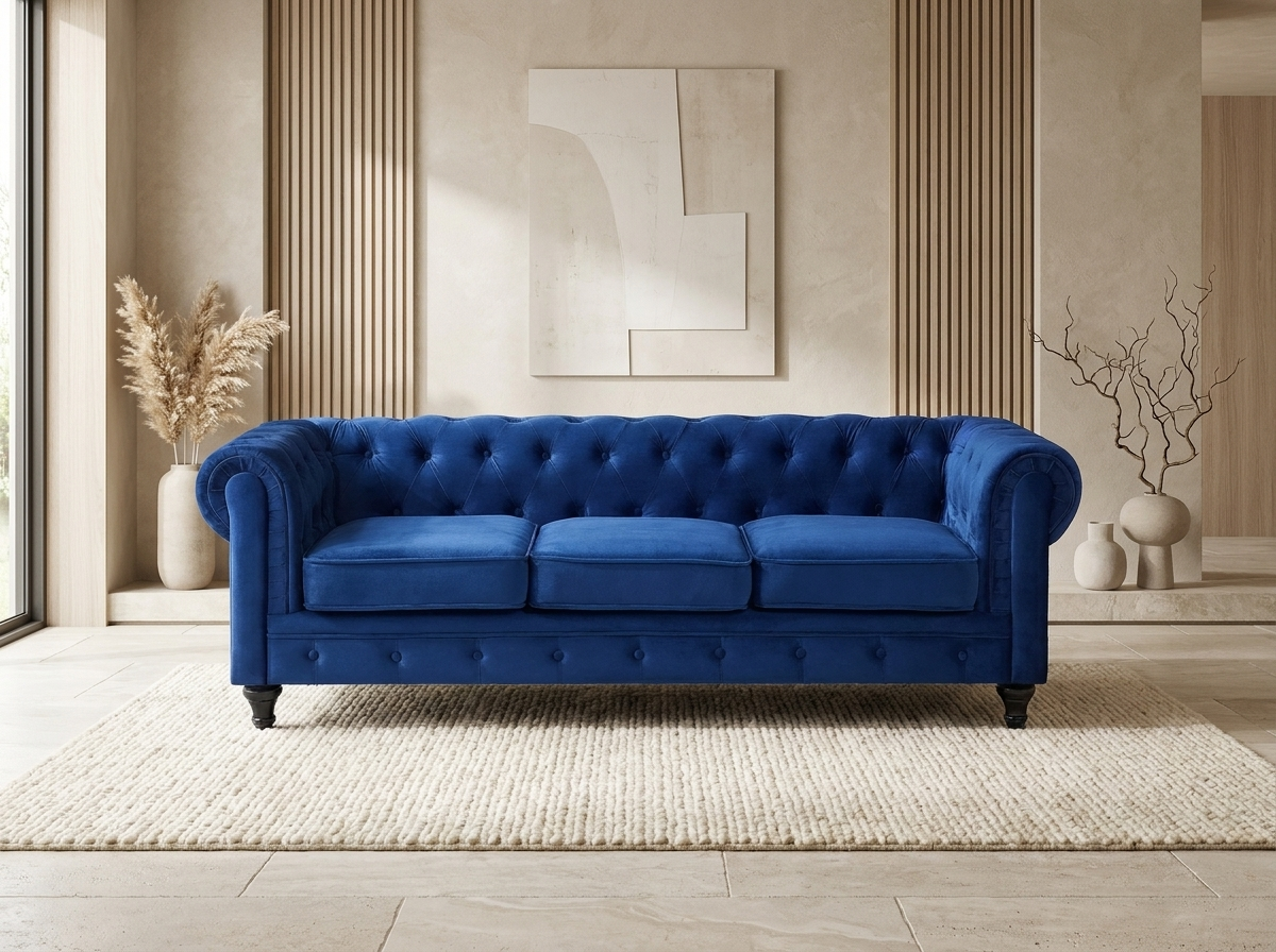 Canapé Chesterfield 3 Places Velours Bleu