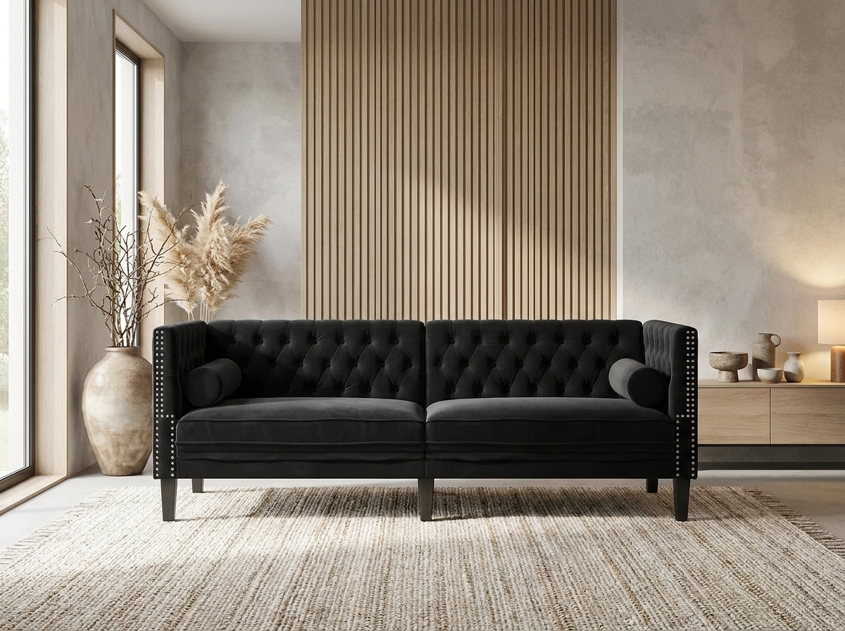 Canapé Chesterfield 3 Places Velours Noir