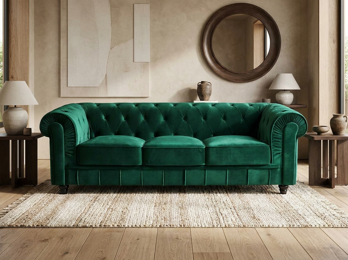 Canapé Chesterfield 3 Places Velours Vert