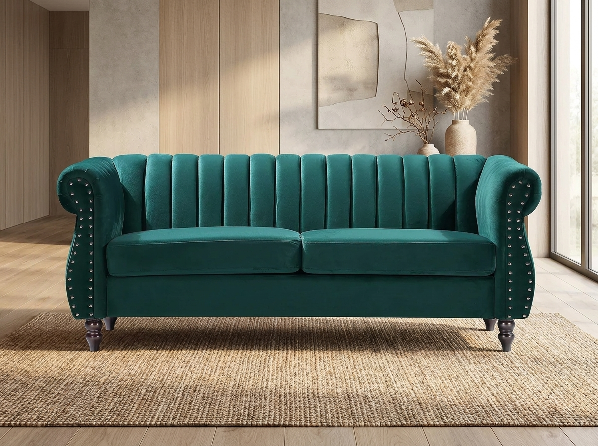 Canapé Chesterfield 3 Places Velours Vert Émeraude - Trumbo