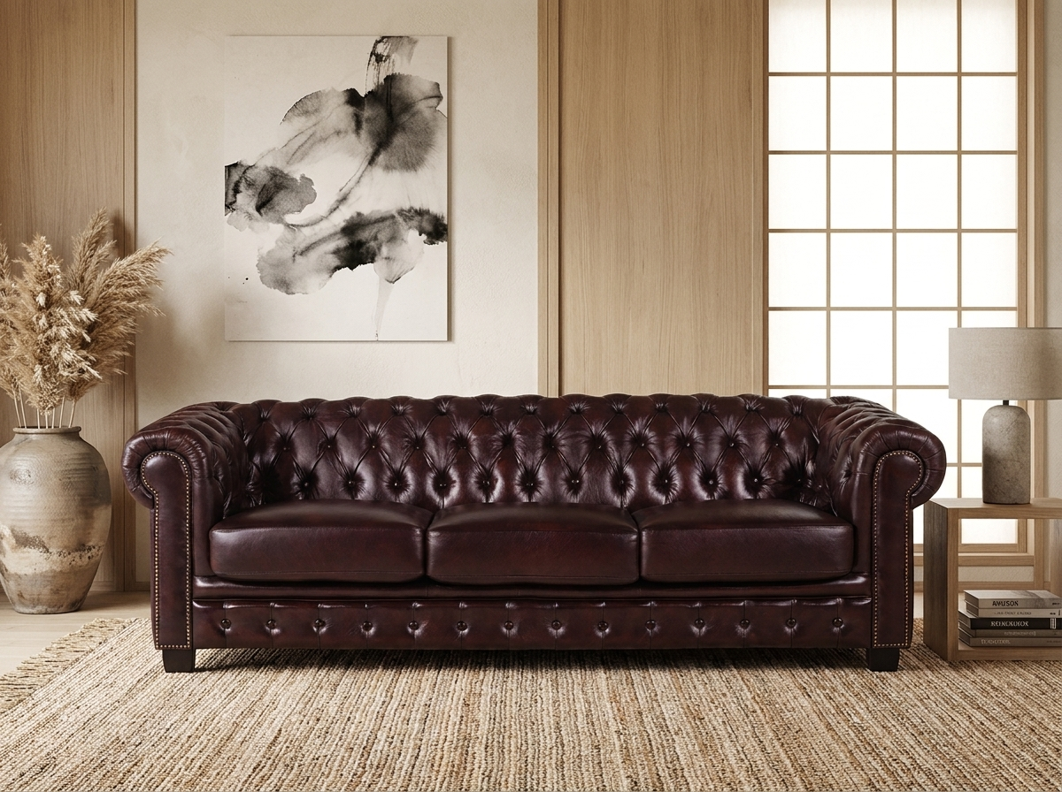 Canapé Chesterfield 4 Places Cuir Bordeaux - Brenton