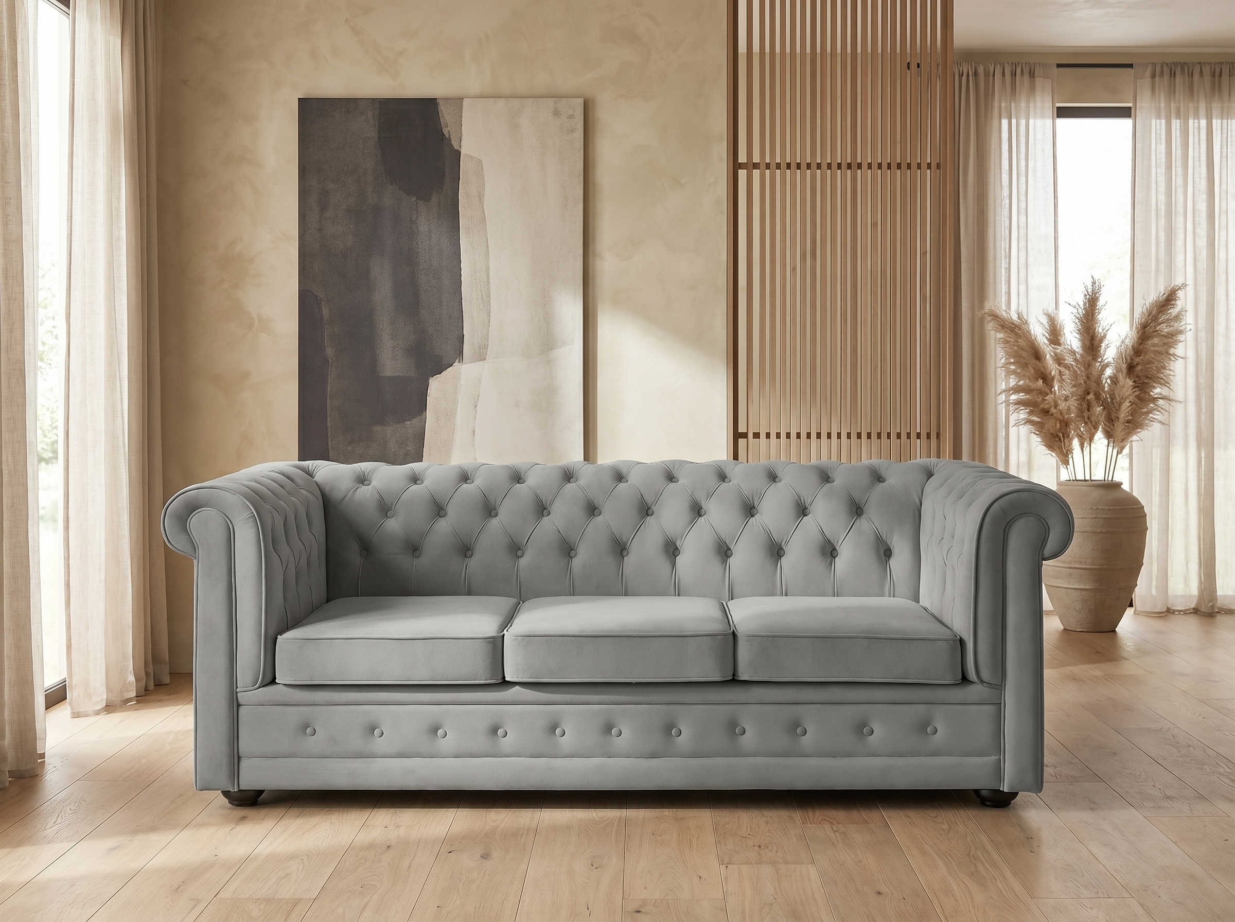 Canapé Chesterfield Convertible 3 Places Gris Velours