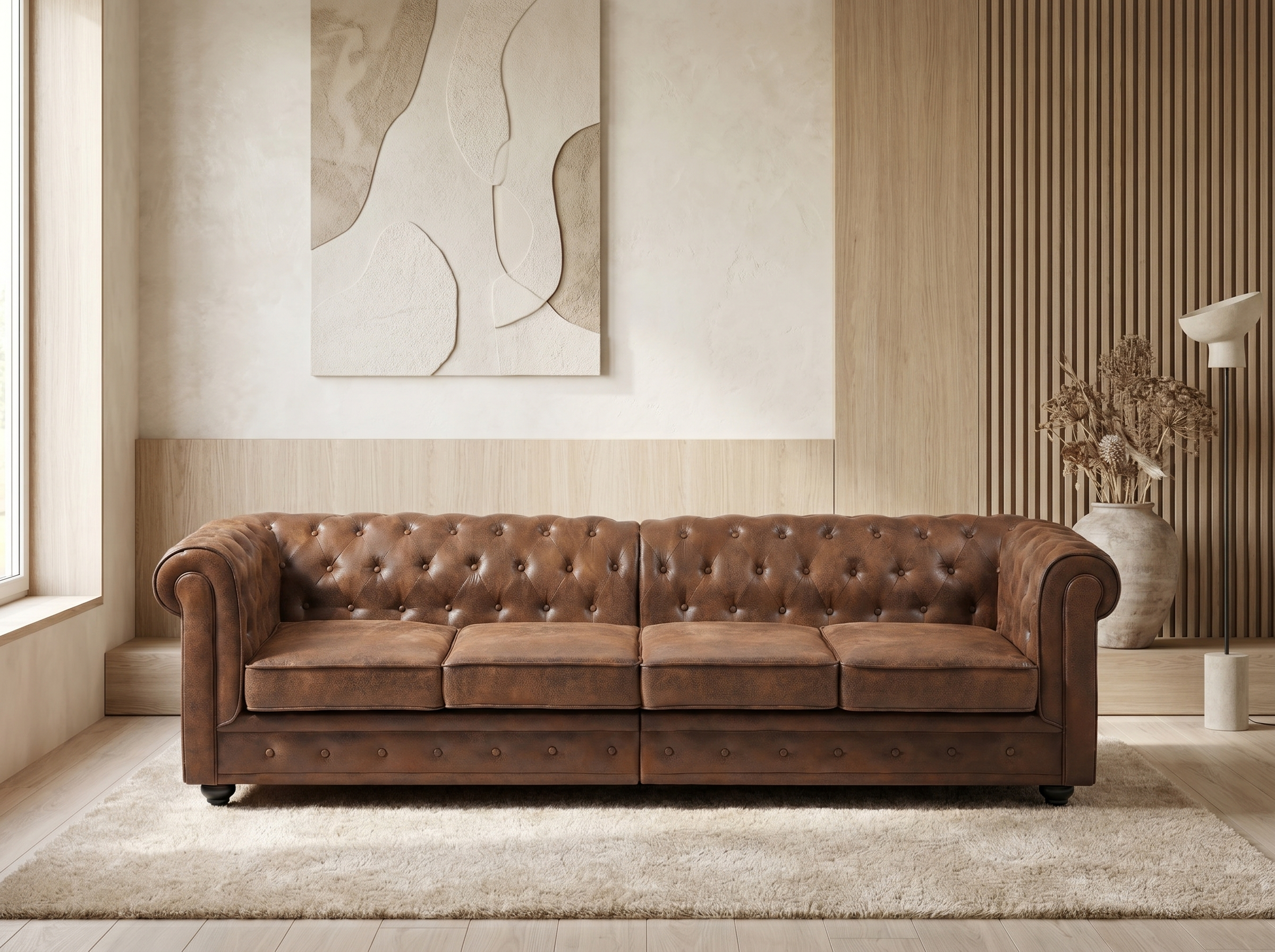 Canapé Chesterfield Droit 4 places Simili Cuir Marron