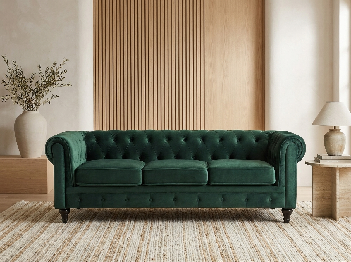 Canapé Chesterfield 3 Places Velours Vert