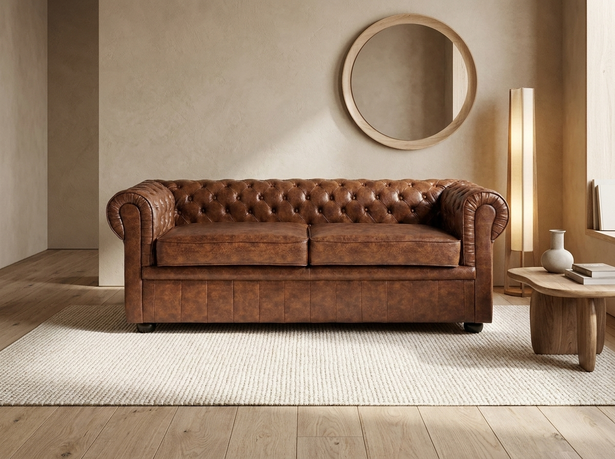 Canapé Chesterfield Vintage 3 Places Simili Cuir Marron - Vintage