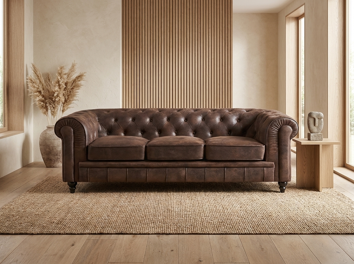 Canapé Chesterfield Vintage 3 Places Velours Marron - Vintage