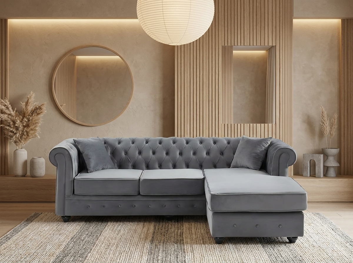 Canapé Chesterfield d'Angle 4 Places Velours Gris Anthracite - Toledo