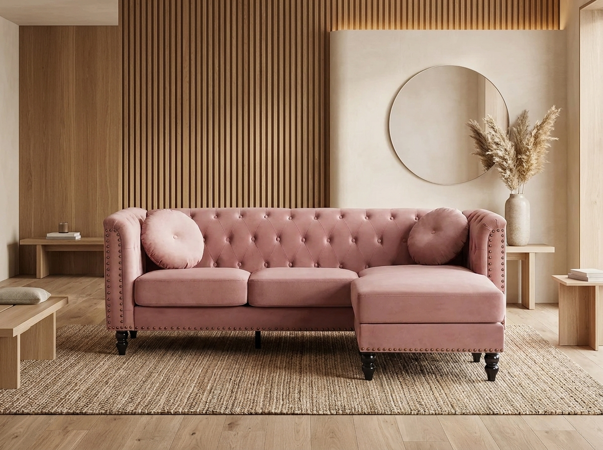 Canapé Chesterfield d'Angle 4 Places Velours Rose - Turner