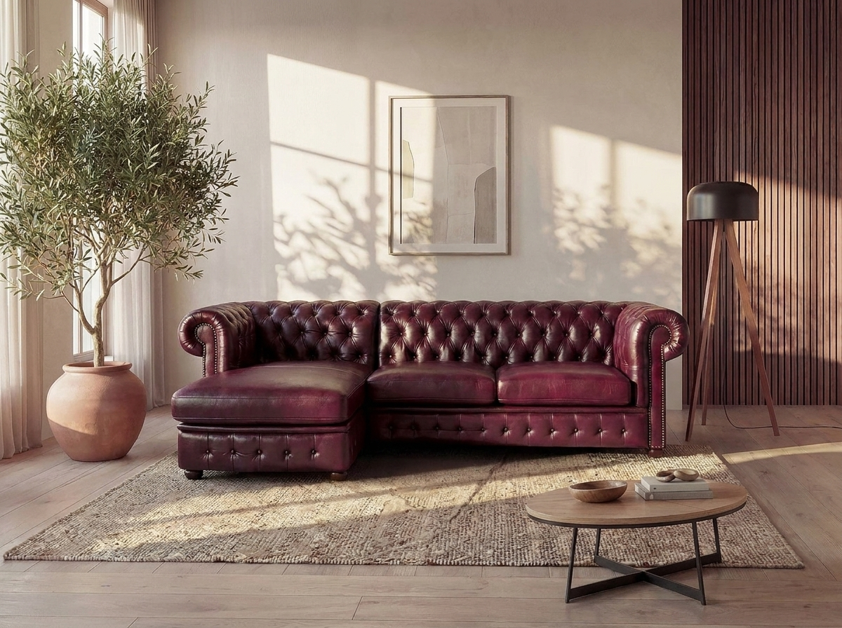 Canapé Chesterfield d'Angle 5 Places Cuir Bordeaux - Brenton
