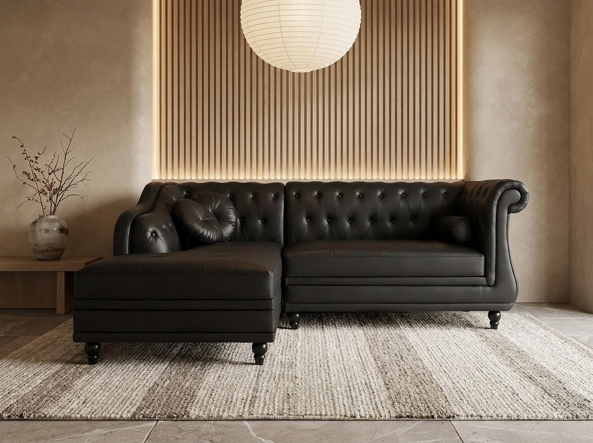Canapé Chesterfield d'Angle 5 Places Simili Cuir Noir - Empire